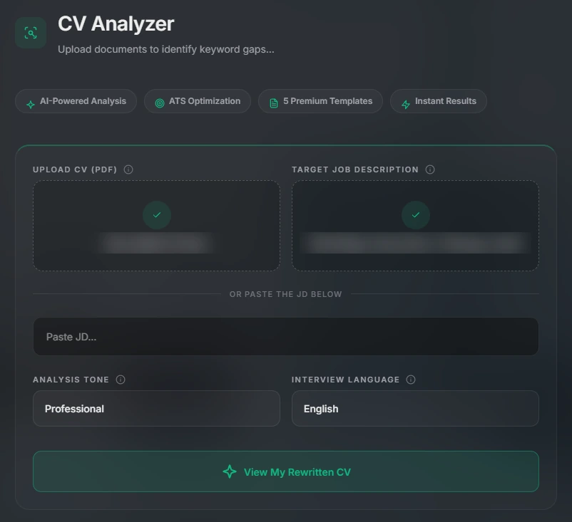 EnDev CV Analyzer screen with CV upload, target job description, analysis tone and language options