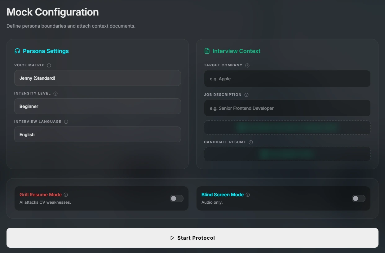 EnDev Mock Configuration screen with voice persona, intensity level and interview language settings, interview context fields, and Grill Resume Mode and Blind Screen Mode switches