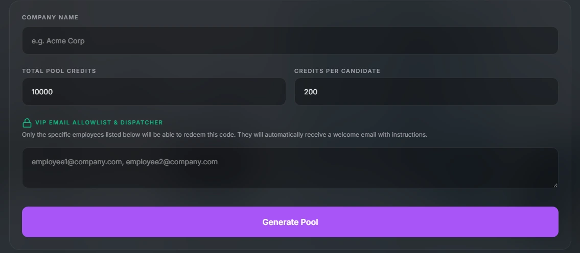 EnDev Outplacement form with total pool credits, credits per candidate and an employee email allowlist