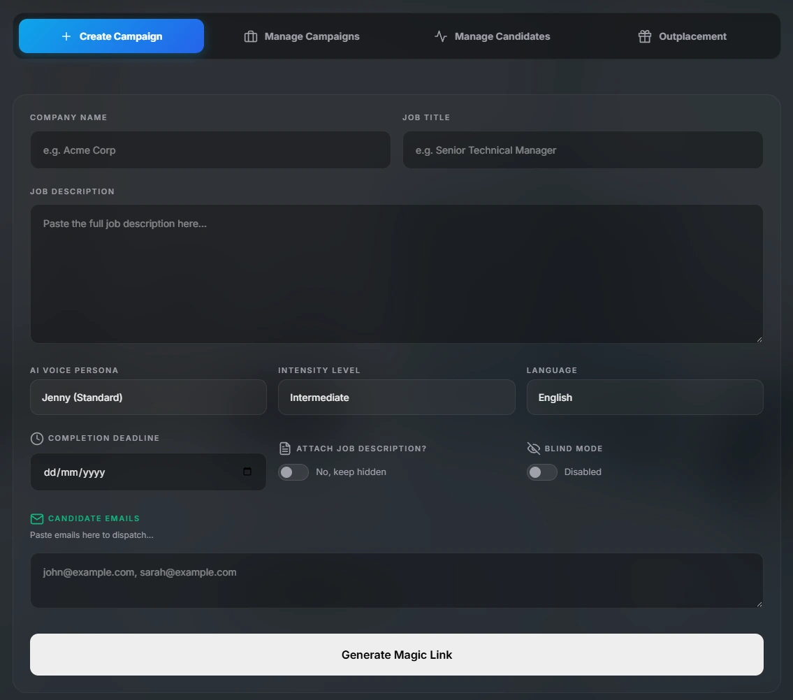 EnDev Recruiter Hub Create Campaign form with company name, job title, job description, AI voice persona, intensity level, language, deadline and candidate emails