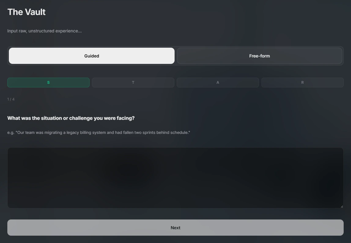 The Vault in EnDev: a guided S.T.A.R. form that asks what situation or challenge you were facing